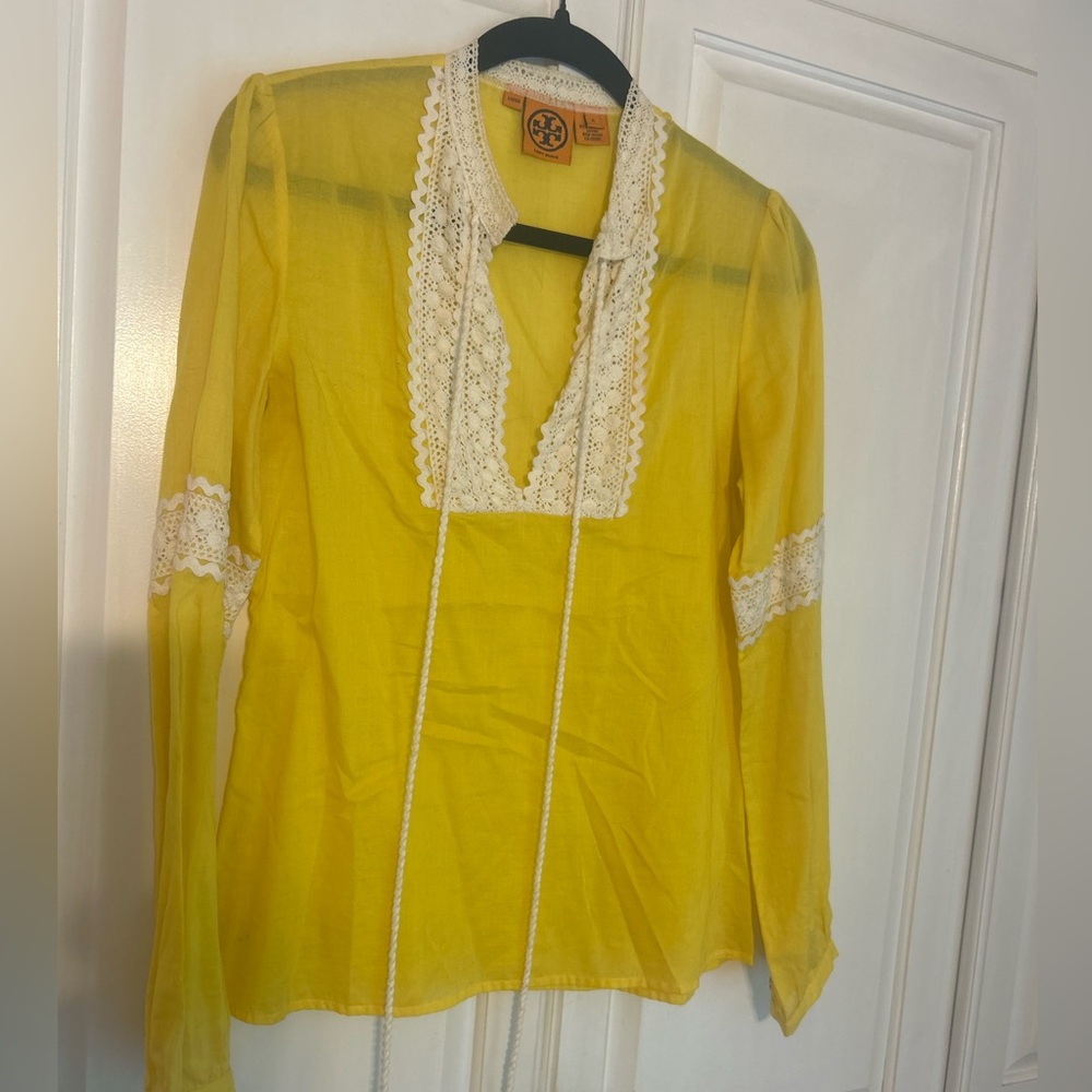 Tory Burch Yellow tunic with White Lace Trim